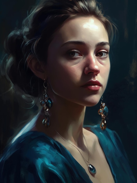 Un portrait d'une femme avec une robe bleue et des boucles d'oreilles