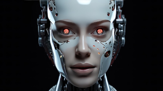 Portrait de femme robot belle cyborg fond sombre généré par l'IA