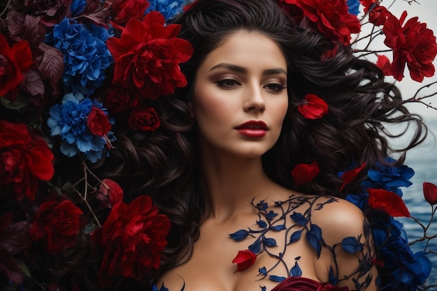 Photo portrait d'une femme avec une rose rouge