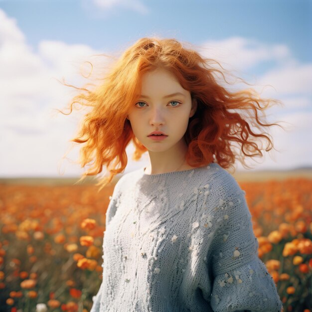 Portrait d'une femme rousse dans un champ de fleurs