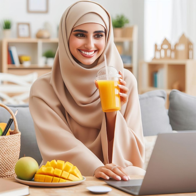 Portrait d'une femme saoudienne du Golfe voilée portant une abaya noire tenant un jus de mangue à la main