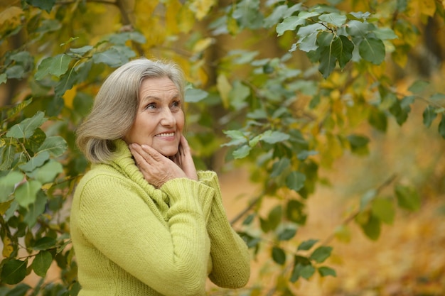 Portrait de femme senior marchant dans le parc en automne