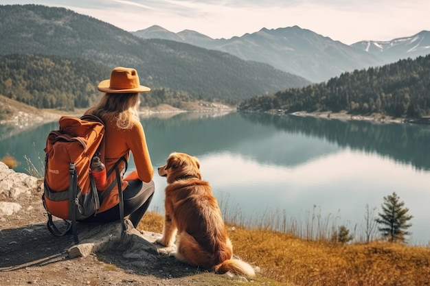 Portrait d'une femme et de son chien profitant d'une randonnée AI Generative