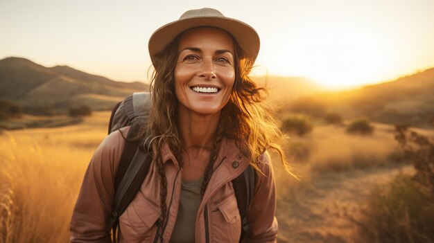 Portrait d'une femme souriant à la caméra pendant une randonnée au coucher ou au lever du soleil