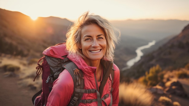 Portrait d'une femme souriant à la caméra pendant une randonnée au coucher ou au lever du soleil