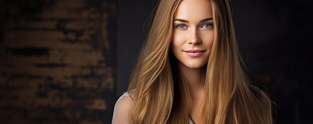 portrait de femme souriante aux cheveux longs et brillants lumière de studio