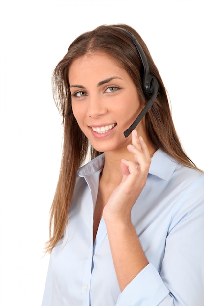 Portrait, de, femme souriante, à, casque