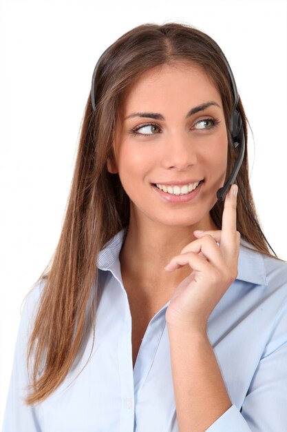 Portrait, de, femme souriante, à, casque