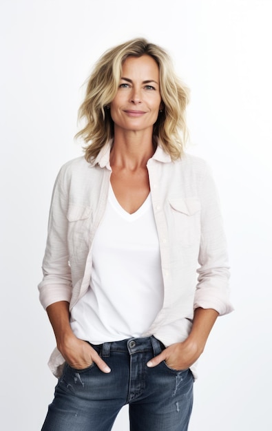 Photo portrait de femme souriante dans la quarantaine isolé sur blanc