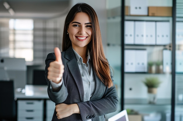 Portrait d'une femme souriante et d'un directeur d'une entreprise avec le pouce en l'air Bonne nouvelle