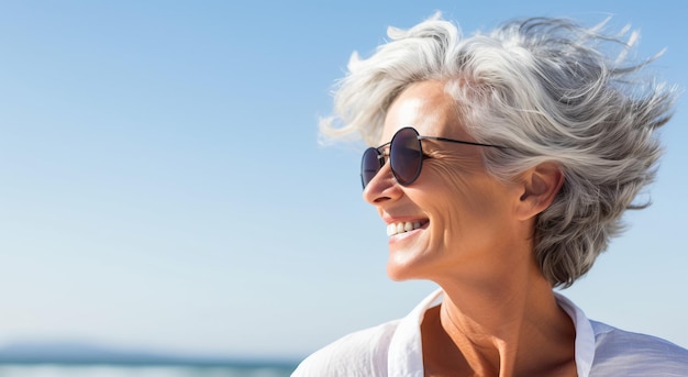 Portrait d'une femme souriante enveloppée dans une couverture sur la plage