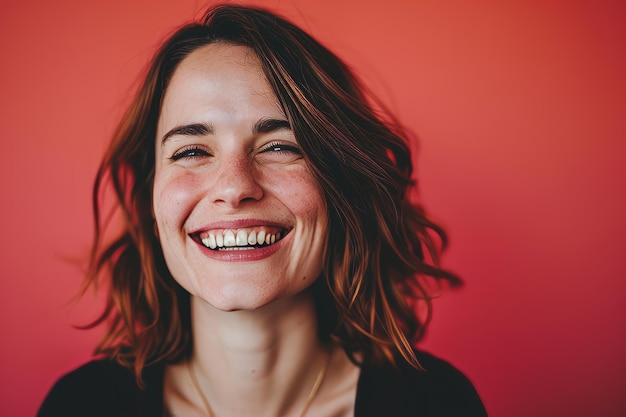 Portrait d'une femme souriante sur fond rose