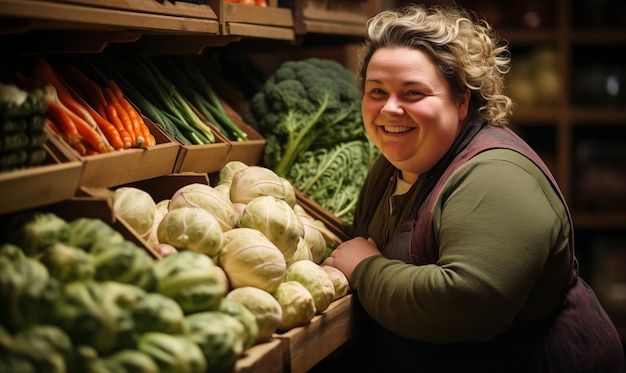 Portrait d'une femme souriante de grande taille plus une femme ouvrière de magasin debout dans un supermarché femme grosse assistant de magasin d'alimentation détaillant de légumes et de fruits directeur d'épicerie