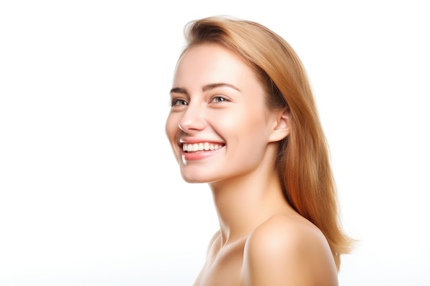 Portrait d'une femme souriante heureuse en studio isolé sur blanc créé avec une IA générative