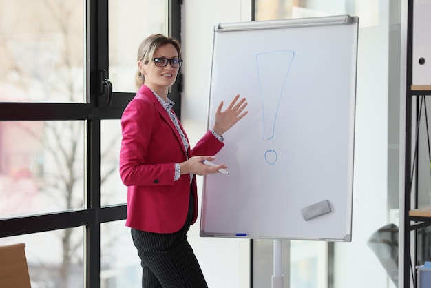 Portrait de femme souriante près du tableau de présentation montrant l'interjection du point d'exclamation et