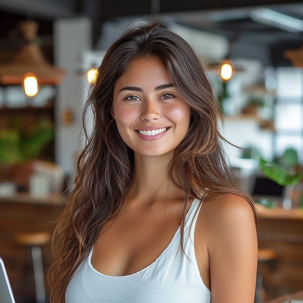 Portrait d'une femme souriante regardant la caméra