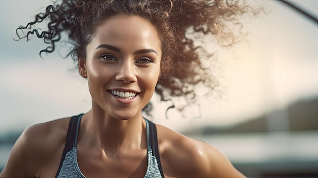 Portrait de femme sportive en forme avec des gens en train de faire de l'exercice