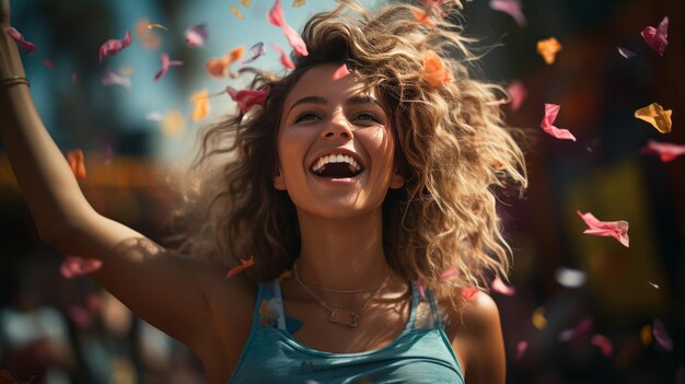 Portrait d'une femme sportive heureuse célébrant la victoire avec des confettis qui tombent