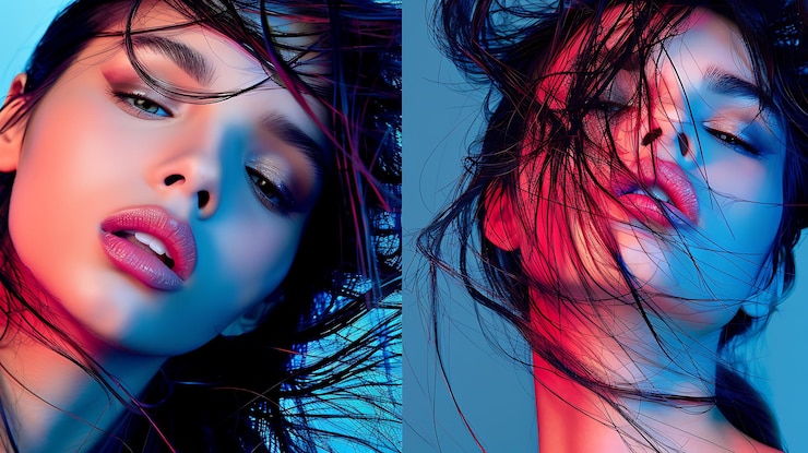 Photo portrait de femme en studio bleu et rouge