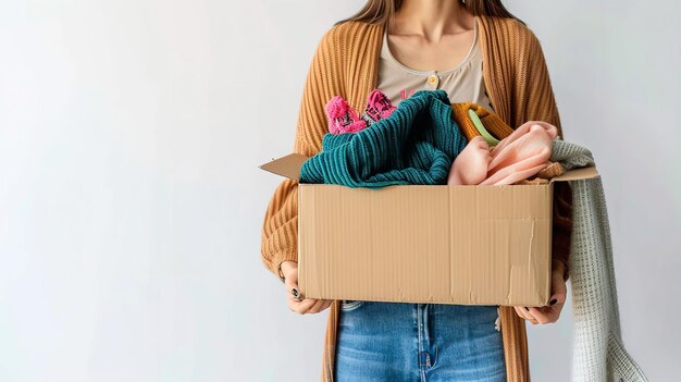 Portrait d'une femme tenant une boîte de produits indésirables avec un grand espace pour le texte ou la publicité du produit IA générative