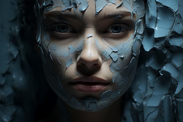 Portrait d'une femme avec une texture réaliste avec des résidus de peinture sur son visage généré par l'IA