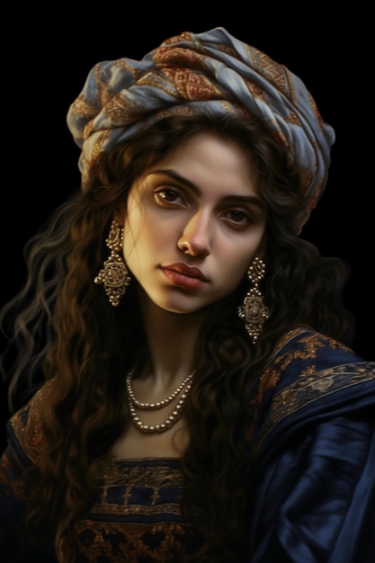 Un portrait d'une femme avec un turban et des boucles d'oreilles.