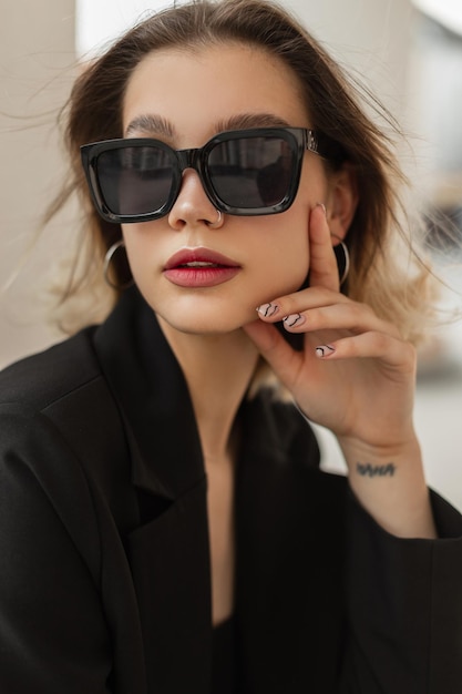 Portrait de femme urbaine fraîche d'affaires jeune modèle de femme à la mode élégante avec un visage mignon avec des lunettes de soleil modernes et élégantes dans des vêtements élégants noirs avec un blazer s'assoit et pose dans la ville