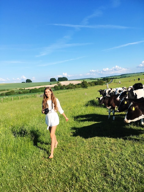 Photo portrait d'une femme avec des vaches marchant sur le champ contre le ciel