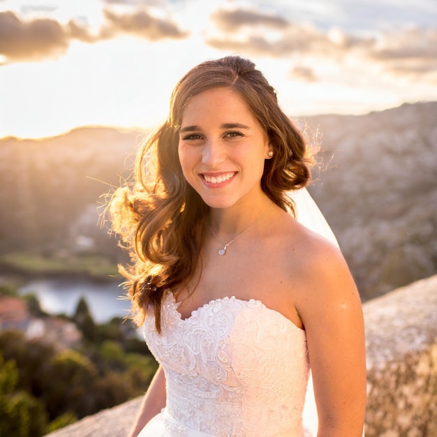 Un portrait d'une femme vêtue d'une robe de mariée regardant la caméra avec un sourire radieux sur son visage