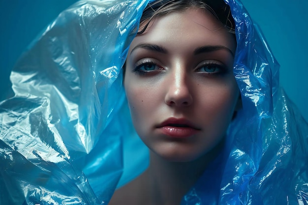 Portrait d'une femme vêtue d'une robe en sac en plastique