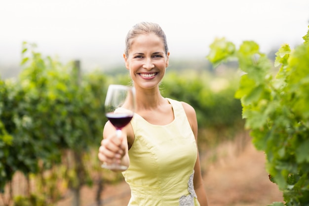 Portrait, femme, vigneron, tenue, verre vin