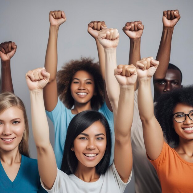 portrait de femmes afro-américaines heureuses avec les mains levées dans le studio