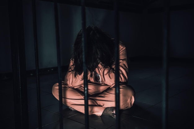 Portrait de femmes désespérées d'attraper la prison de ferconcept de prisonnierThaïlandaisEspoir d'être libreSi la violation de la loi serait arrêtée et emprisonnée