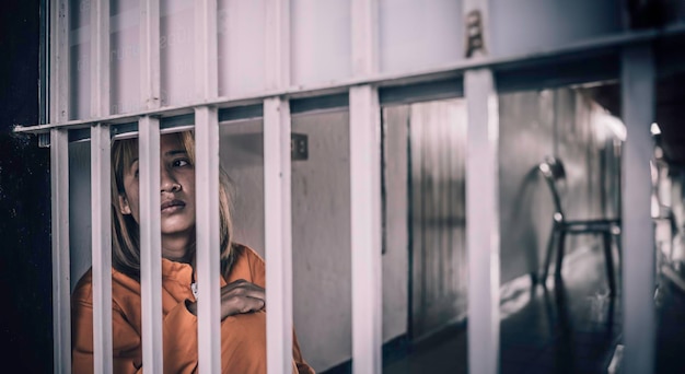 Portrait de femmes désespérées pour attraper le concept de prisonnier de fer le peuple thaïlandais espère être libre si le violateur de la loi serait arrêté et emprisonné