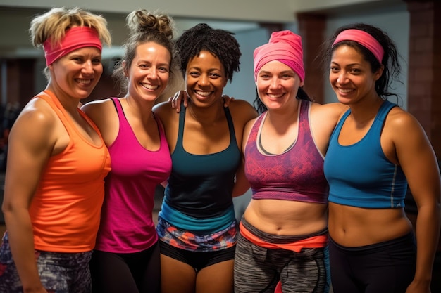 Photo portrait de femmes heureuses souriant à la caméra au gymnase crossfit generative ai