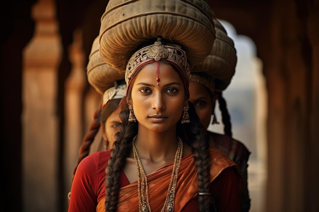 Portrait de femmes indiennes portant sur la tête Tas Mahal backgraund AI générative