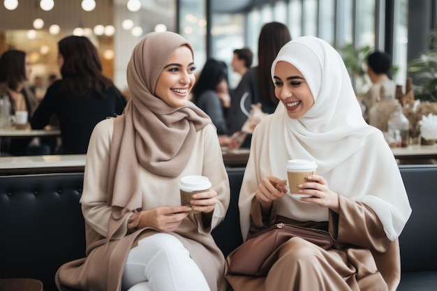 portrait de femmes musulmanes avec du café à prendre assises dans un café des amies musulmanes prenant du café ensemble dans un centre commercial généré par l'IA