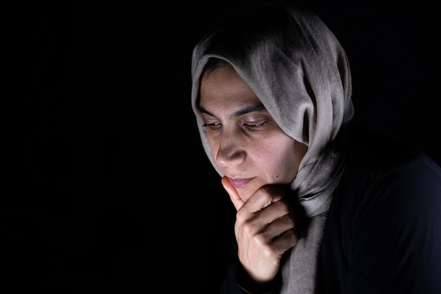 portrait de femmes musulmanes sur fond noir dans un studio avec des expressions faciales