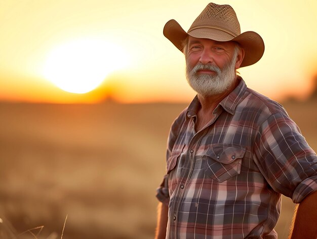 Portrait d'un fermier âgé debout dans un champ de blé au coucher du soleil