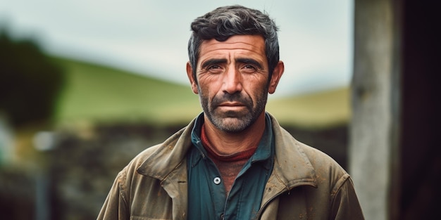 Un portrait d'un fermier en combinaison se trouve près de sa ferme.