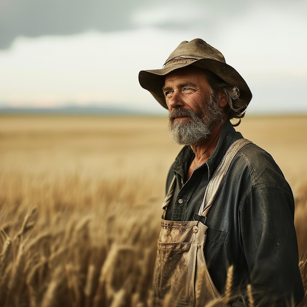 Portrait d'un fermier debout dans un champ de blé Ai génératif