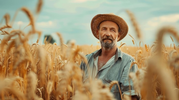 Portrait d'un fermier debout dans un champ de blé