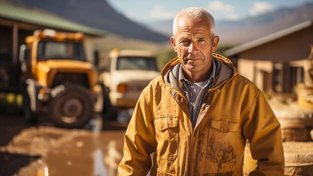 Photo portrait d'un fermier en veste jaune devant sa ferme avant d'aller au travail