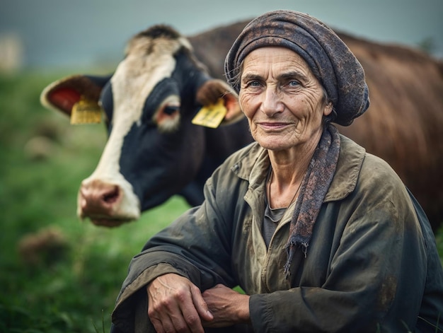 Portrait d'une fermière âgée sereine avec sa vache