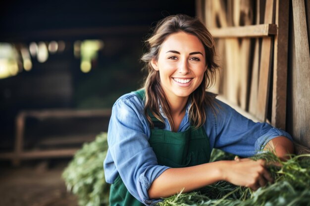 Portrait d'une fermière heureuse dans une ferme