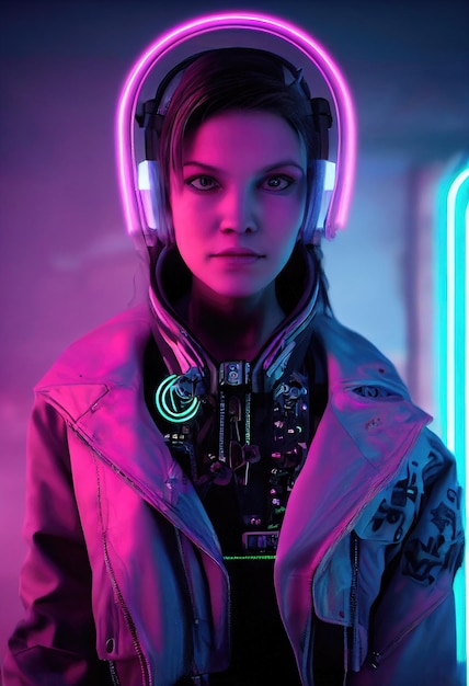 Portrait fictif d'une fille cyberpunk scifi Femme futuriste hightech du futur