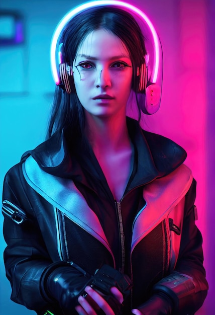 Portrait fictif d'une fille cyberpunk scifi Femme futuriste hightech du futur