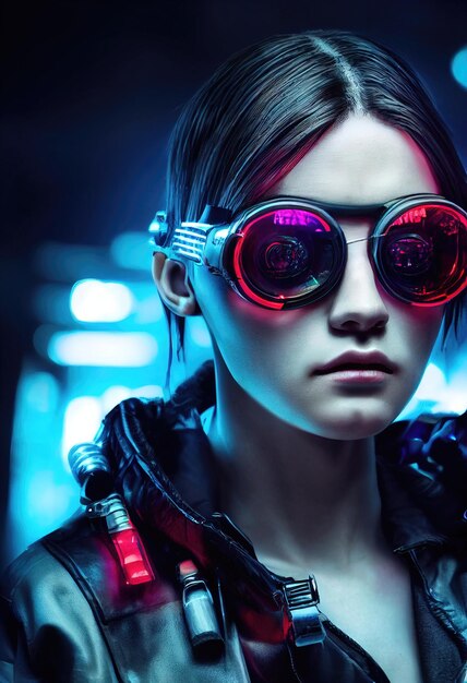 Photo portrait fictif d'une fille cyberpunk scifi femme futuriste hightech du futur