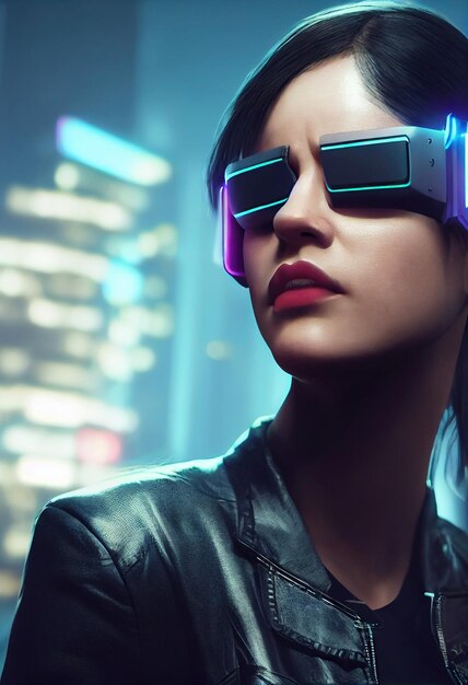 Photo portrait fictif d'une fille cyberpunk scifi femme futuriste hightech du futur