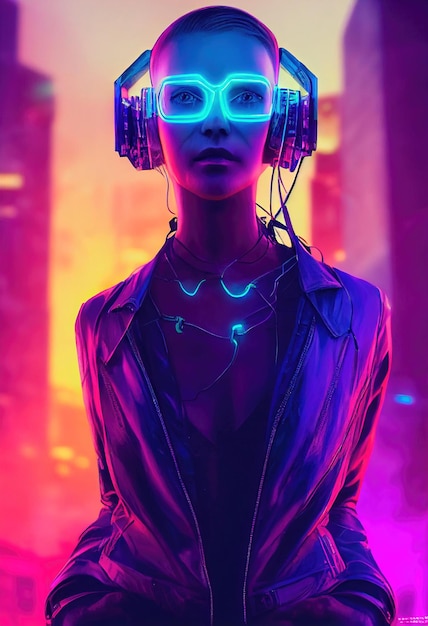 Un portrait fictif d'une fille scifi cyberpunk sur fond de néons